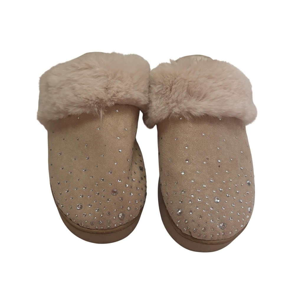 Rhinestone Faux Fur Slippers Womens Large 9-10 Tan Sparkly Glam Scuff